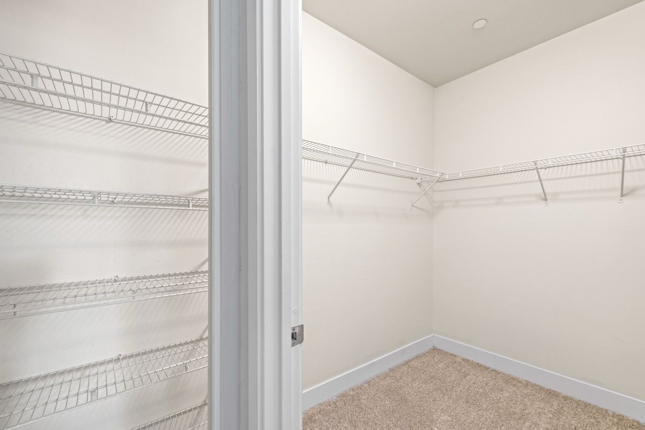 Walk-in closet with white wire shelving and beige carpet.