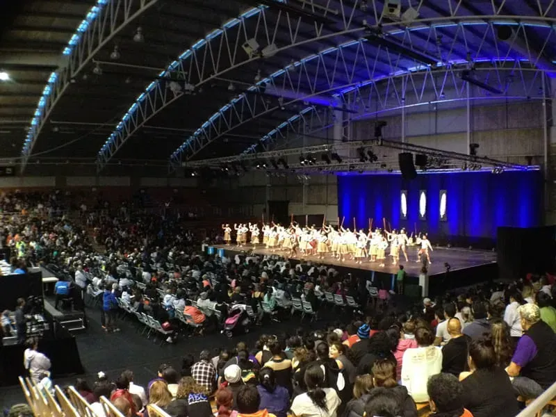 A large group of people are sitting in a stadium watching a performance