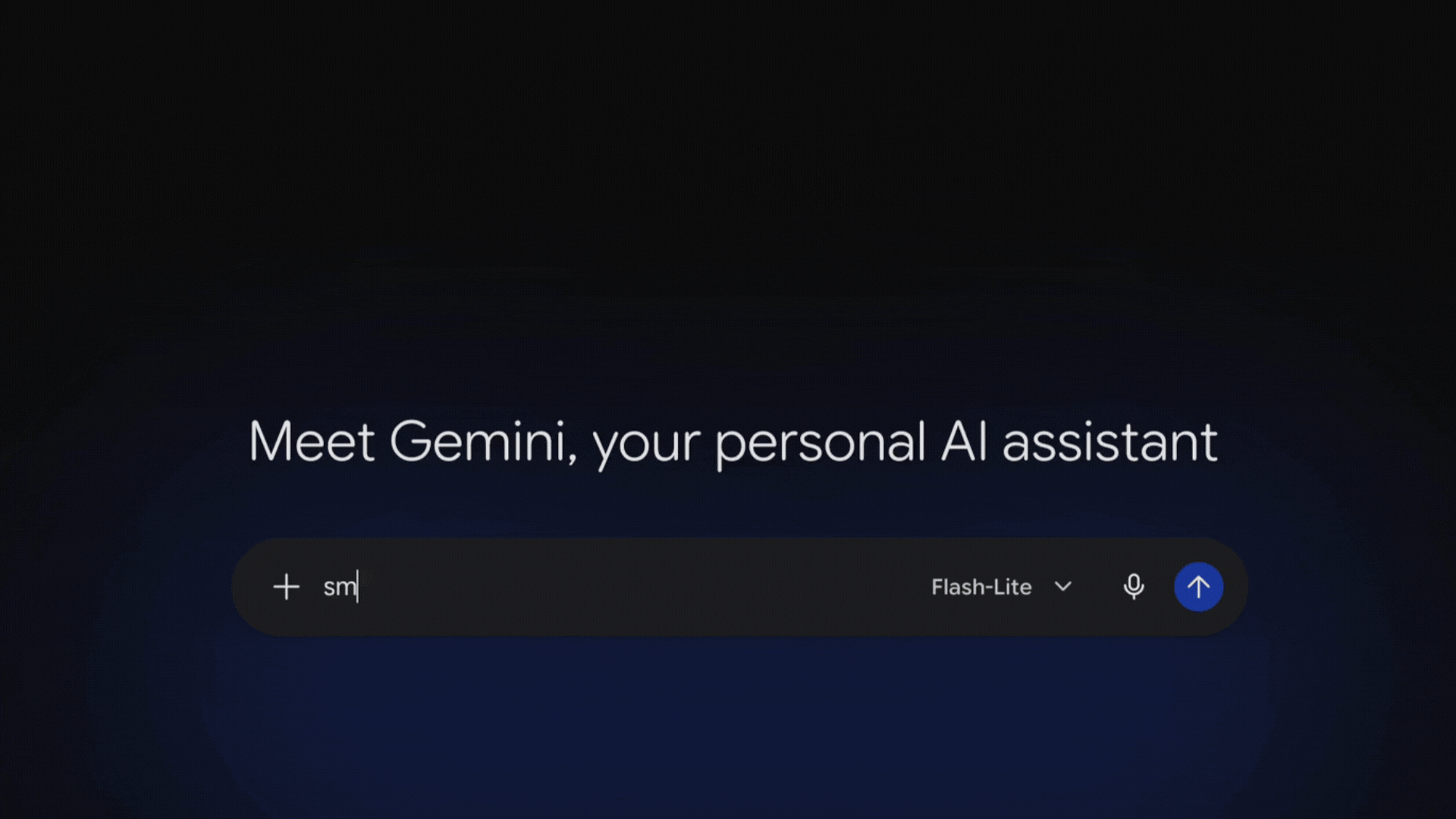 Dark Gemini homepage with the text “Meet Gemini, your personal AI assistant” and a search bar.