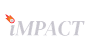 IMPACT logo in light gray italic text with a small orange flame icon above the i