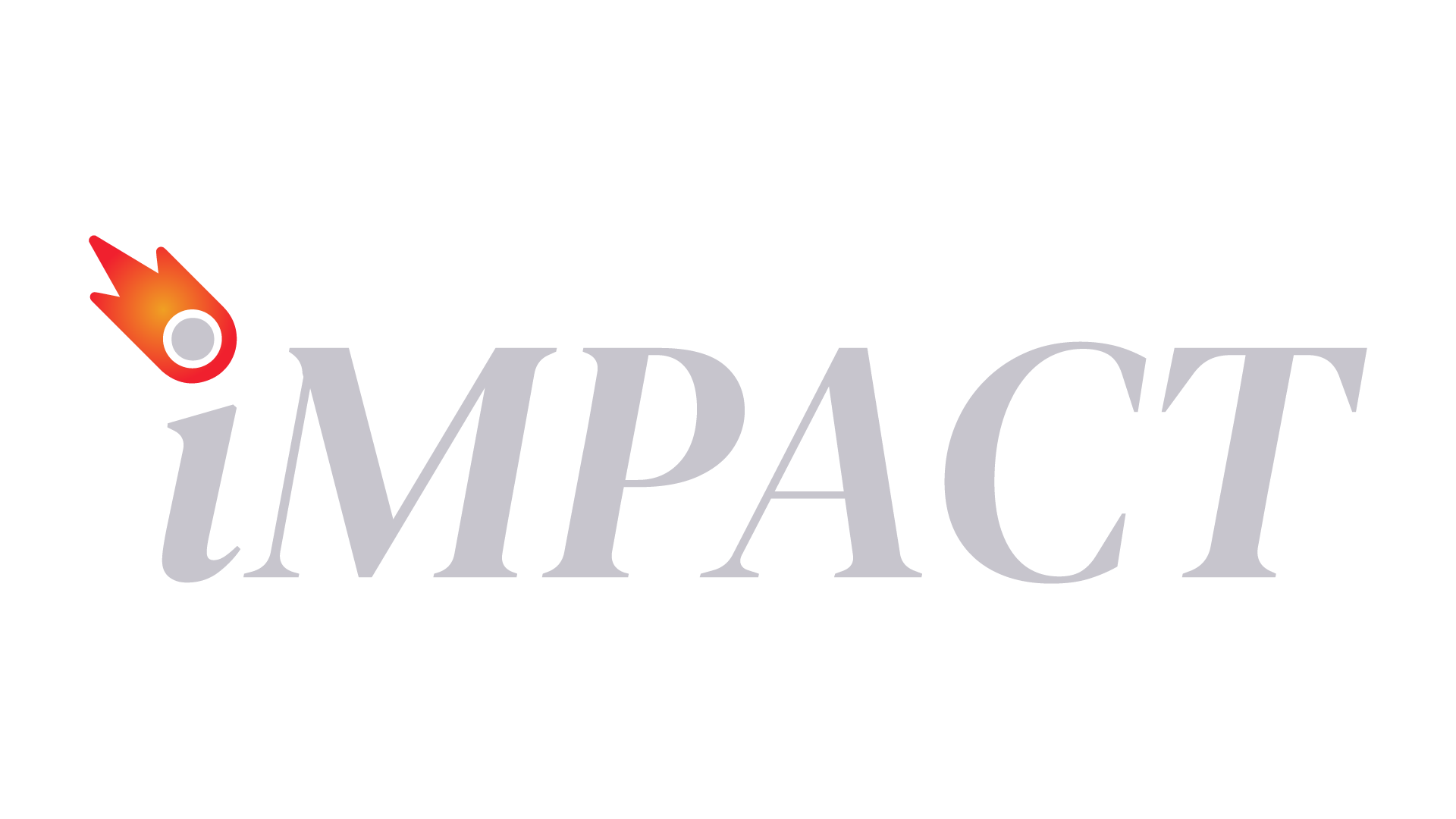 IMPACT logo in light gray italic text with a small orange flame icon above the i