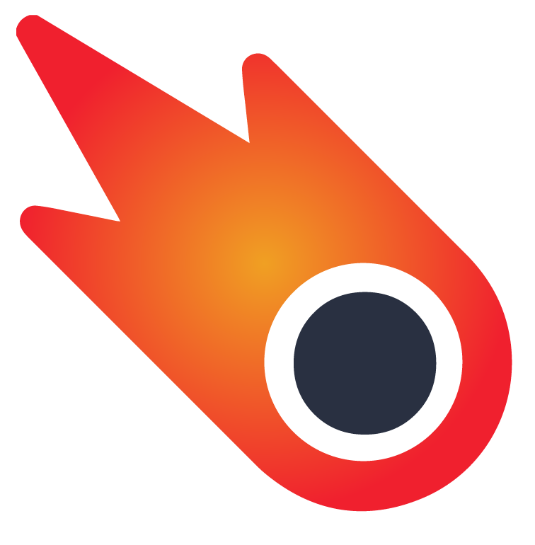 Orange-red flame logo with a white-ringed dark circle on a white background