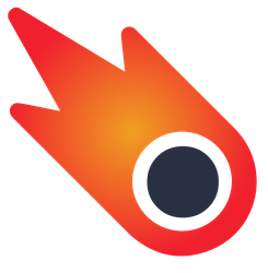 Orange-red flame logo with a white-ringed dark circle on a white background