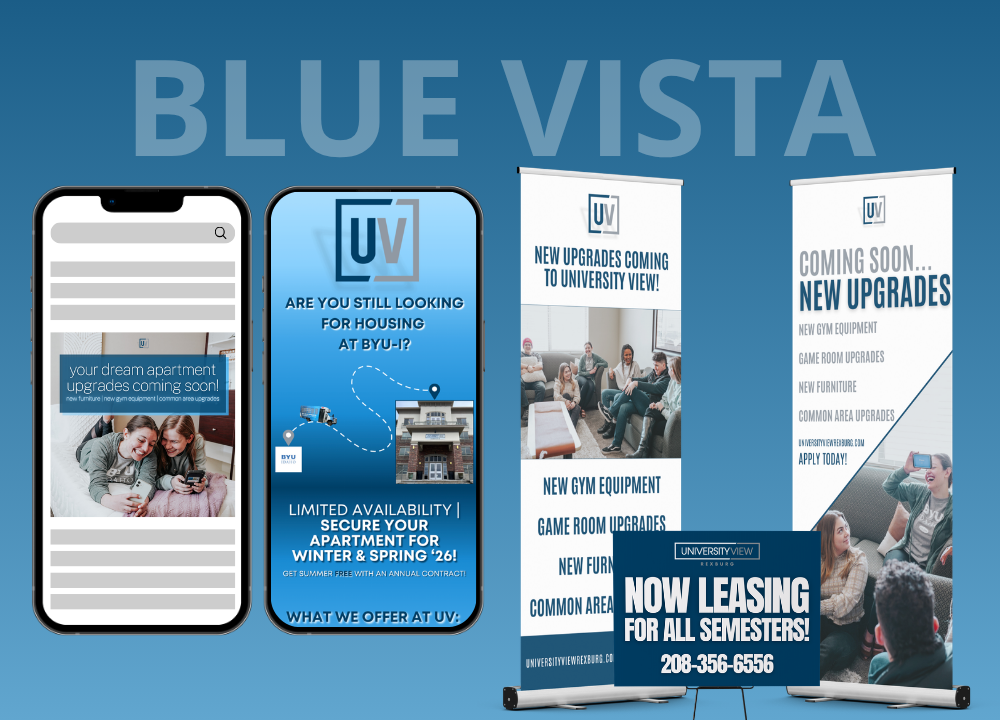 Blue Vista leasing promo with blue mobile and billboard ads highlighting new upgrades and fall semester leasing