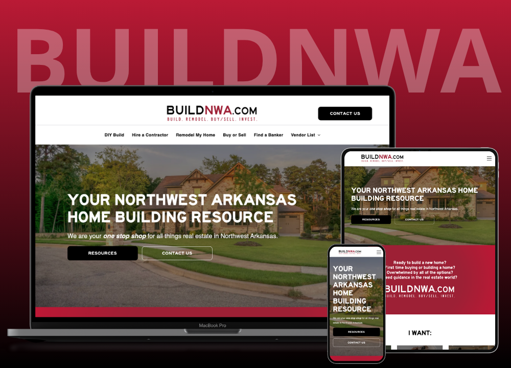 Buildnwa.com homepage shown on laptop and phone against a red background.