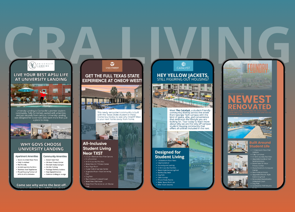 Four mobile travel ad mockups on a gray background with large faint “CRAVING” text behind them