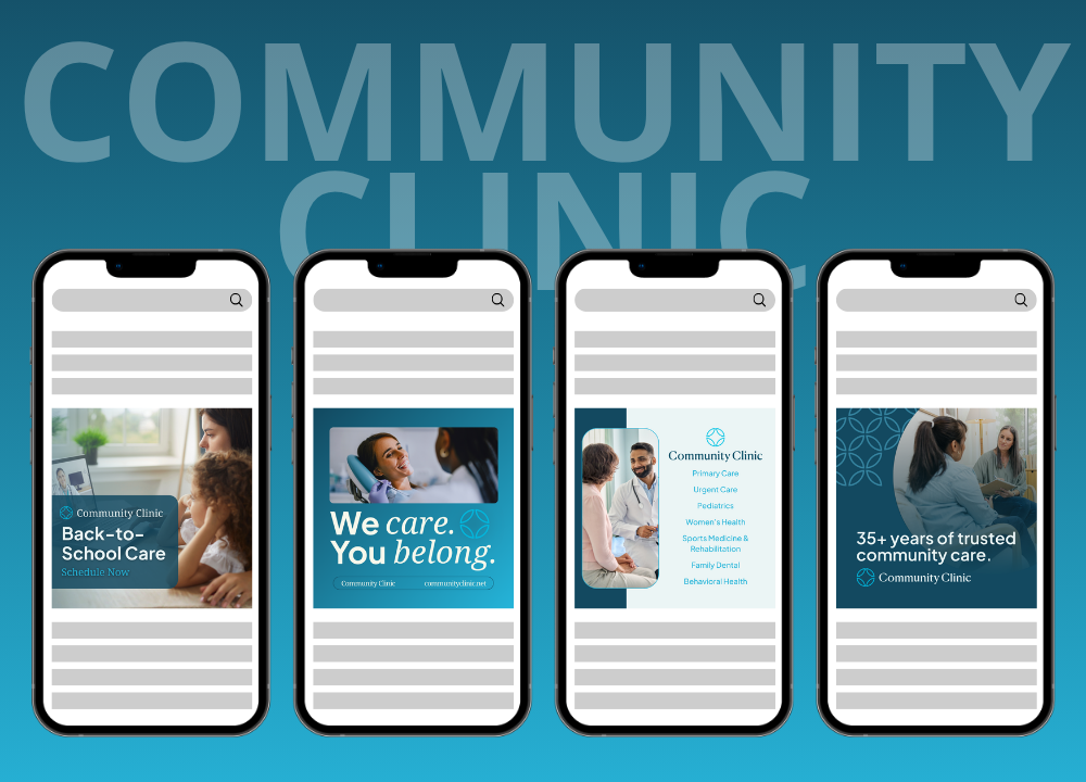 Community Clinic promo with four smartphone screens on a blue background, featuring healthcare messages.