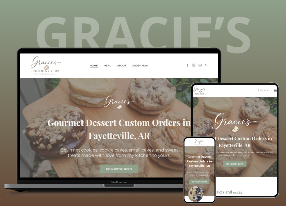 Gracie’s dessert website shown on desktop, tablet, and phone with pastel floral branding and header text.