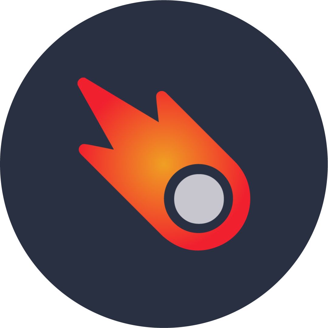 Dark navy circle with a red-orange flame icon and gray center dot