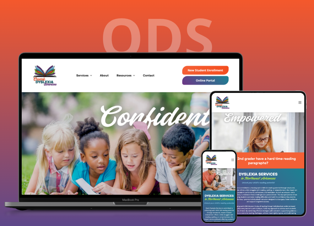 School website shown on laptop, tablet, and phone with children reading in a colorful classroom scene