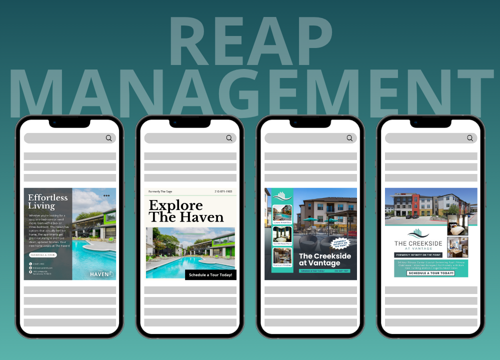 REAP Management promo with four smartphone screens showing real estate listings on a teal background