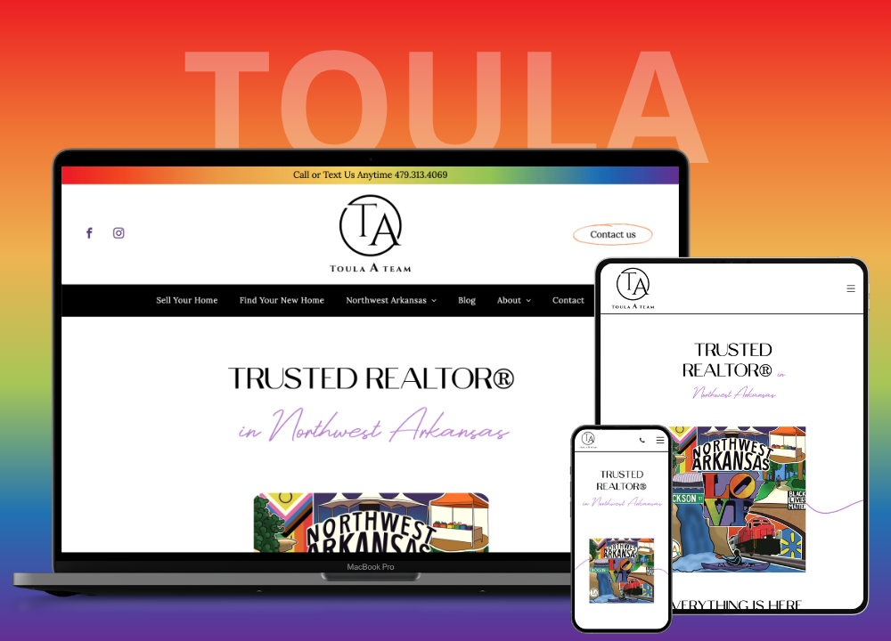 Responsive real estate website mockup on desktop, tablet, and phone with orange TOUJA background