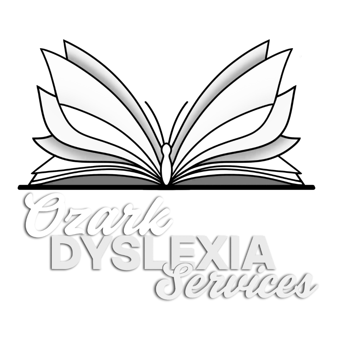 Logo for Ozark Dyslexia Services: Colorful open book forming a butterfly, text below.