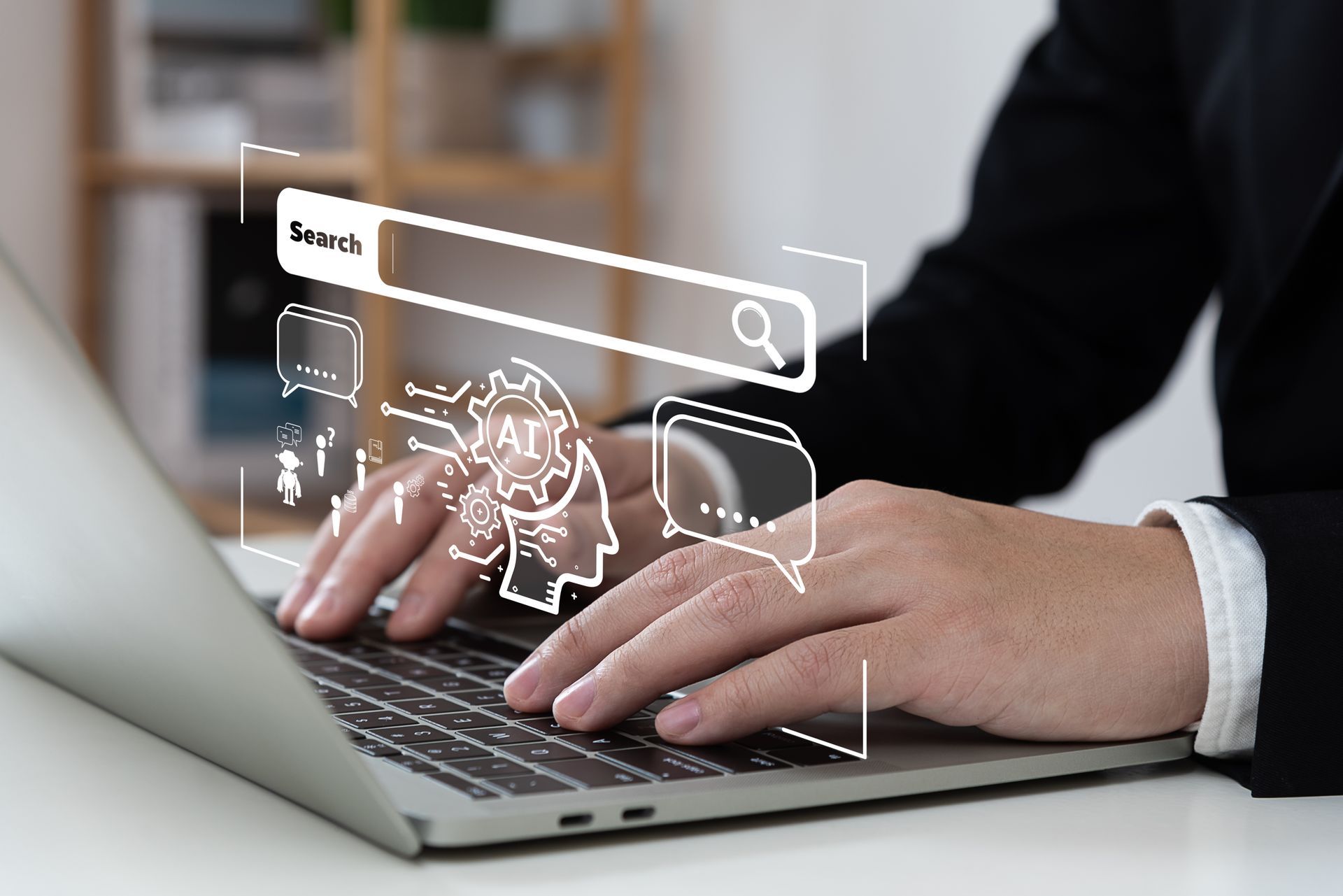 A person is typing on a laptop computer with an AI search bar on the screen.