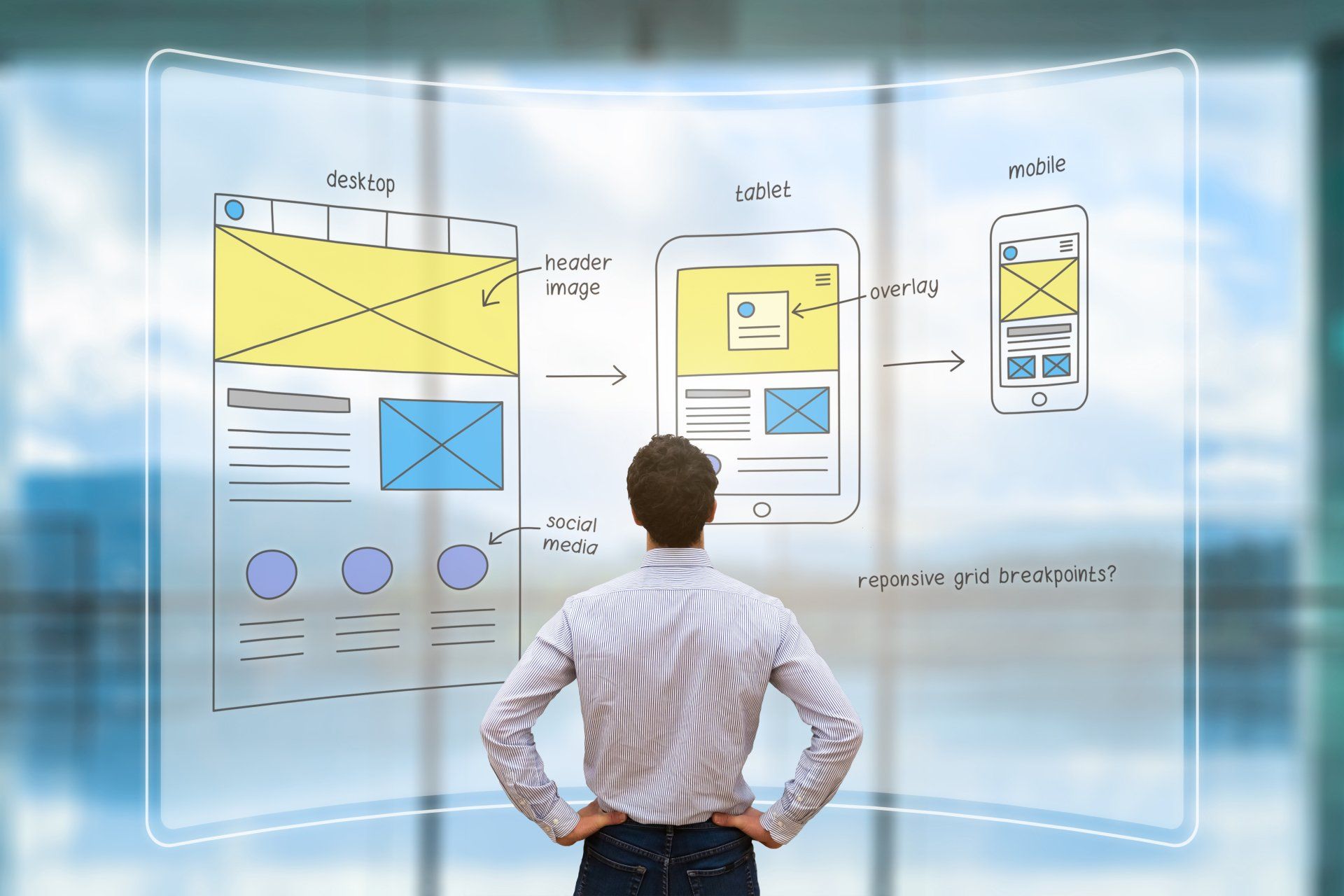 website development ui/ux front end designer reviewing sketched wireframe layout design mockup.