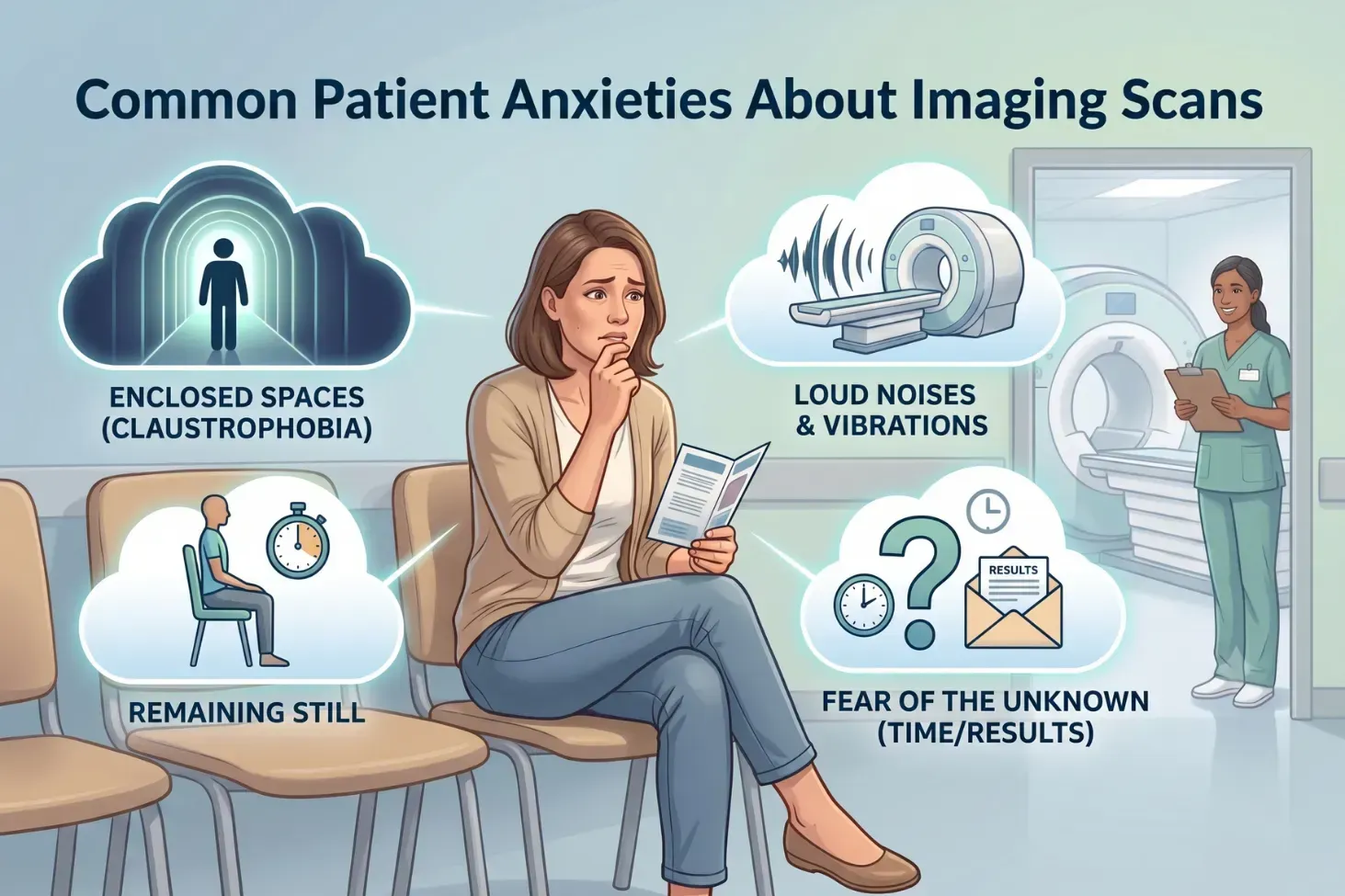 Common patient anxieties about MRI scans including claustrophobia, loud noises, remaining still, and fear of the unknown