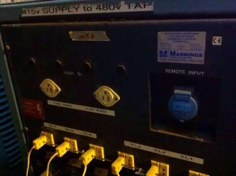 Blue electrical panel with power outlets and labels, marked 