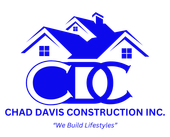 A blue and white logo for chad davis construction inc.