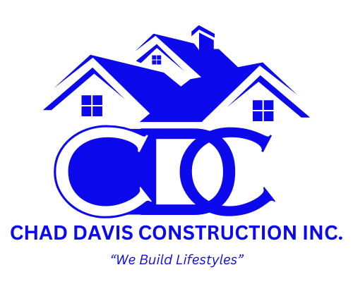 A blue and white logo for chad davis construction inc.