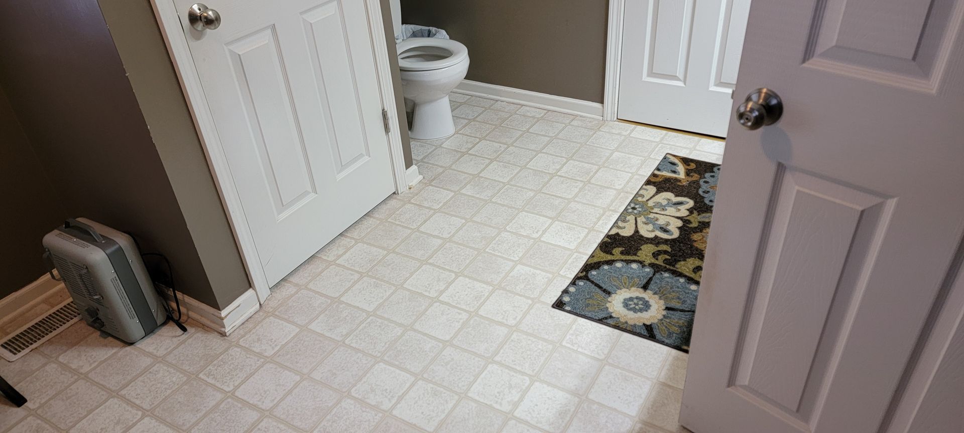 A bathroom with a toilet and a rug on the floor.