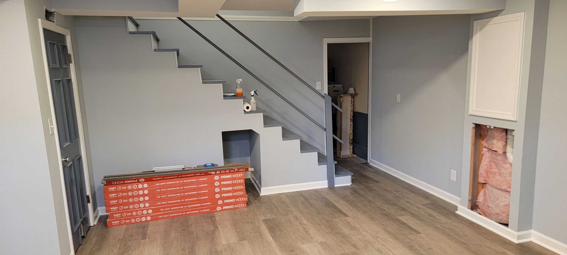 There is a staircase in the middle of the room.