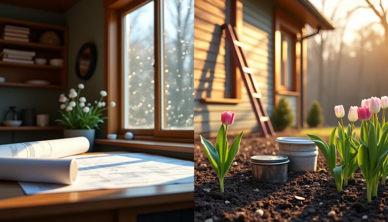 A picture of a house and a picture of flowers in a garden.