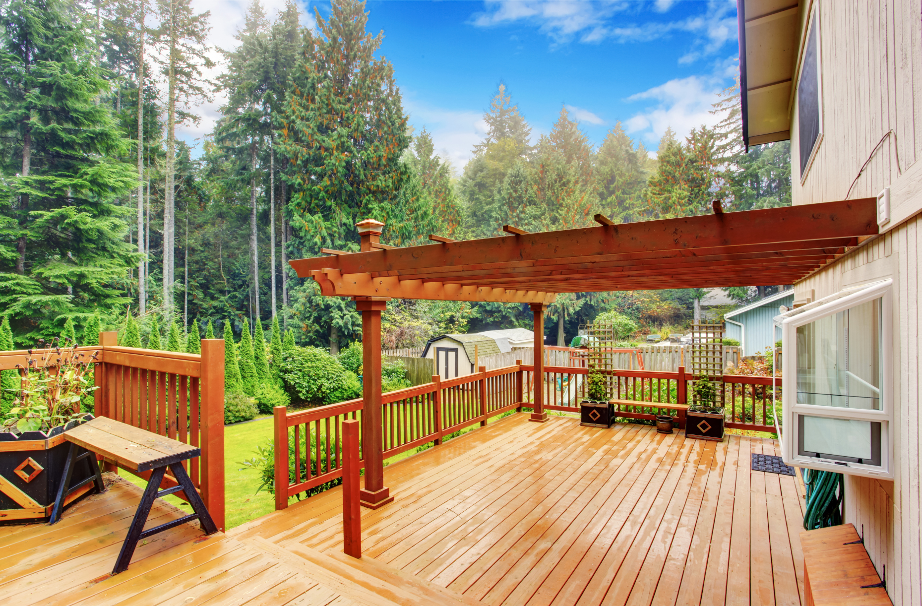 Wooden deck with pergola overlooking a lush backyard with trees. Sunny day, inviting outdoor space.