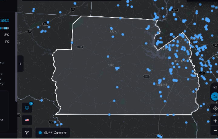 Screenshot from Deflock.com of York County and surrounding areas. Blue dots represent ALPRs.  Source: Deflock