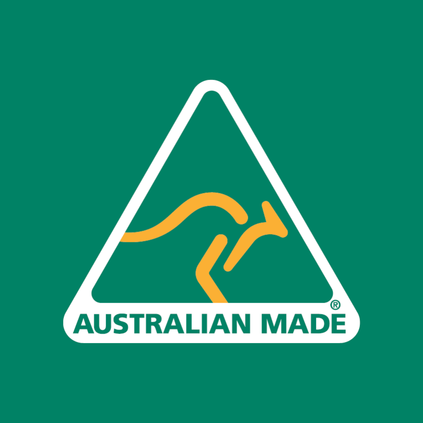 Australian Made logo: white triangle with gold kangaroo, on green background.