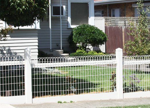 White picket fence in front of a house. A small tree grows behind the fence.