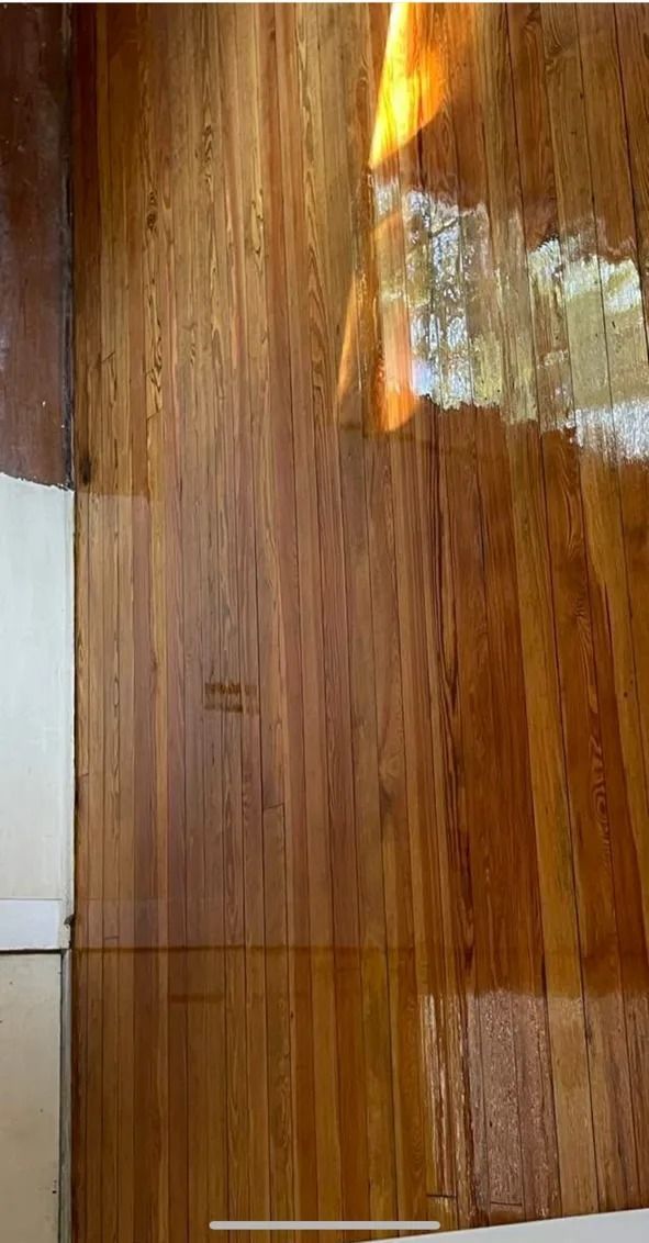 Wooden door or panel with sunlight reflecting off the glossy surface.