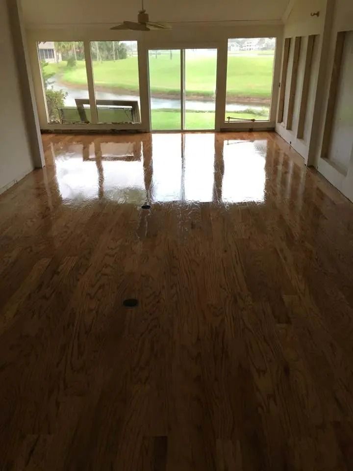 Empty living room with glossy hardwood floors and large glass doors opening to a green lawn