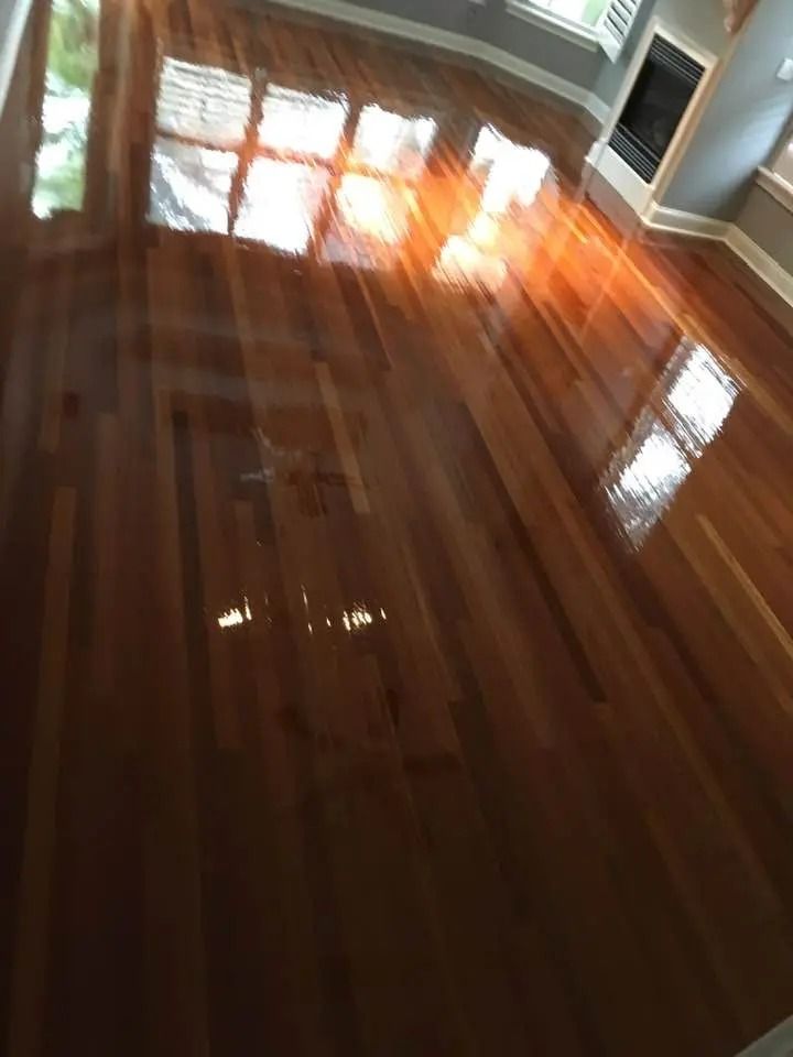 Sunlit hardwood floor reflecting windows in an empty room