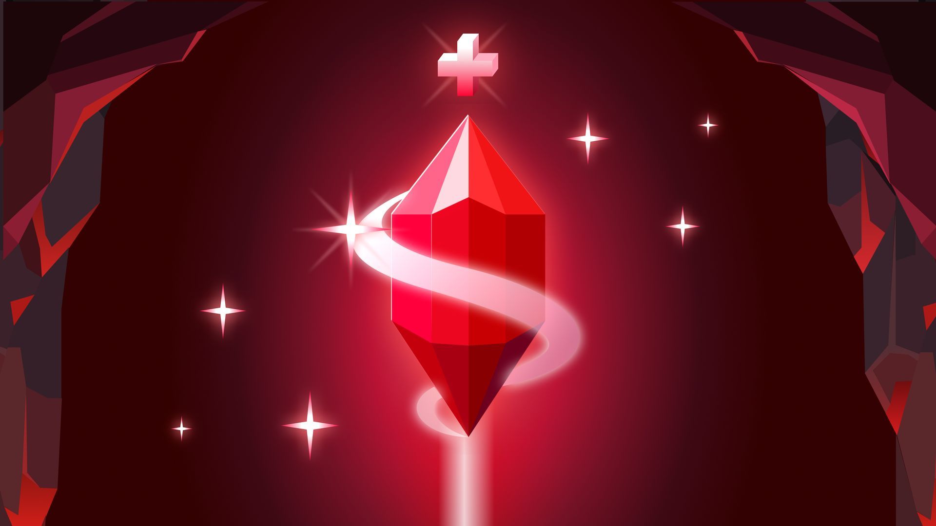 Glowing red crystal with white ribbon swirl and sparkles on a dark red background
