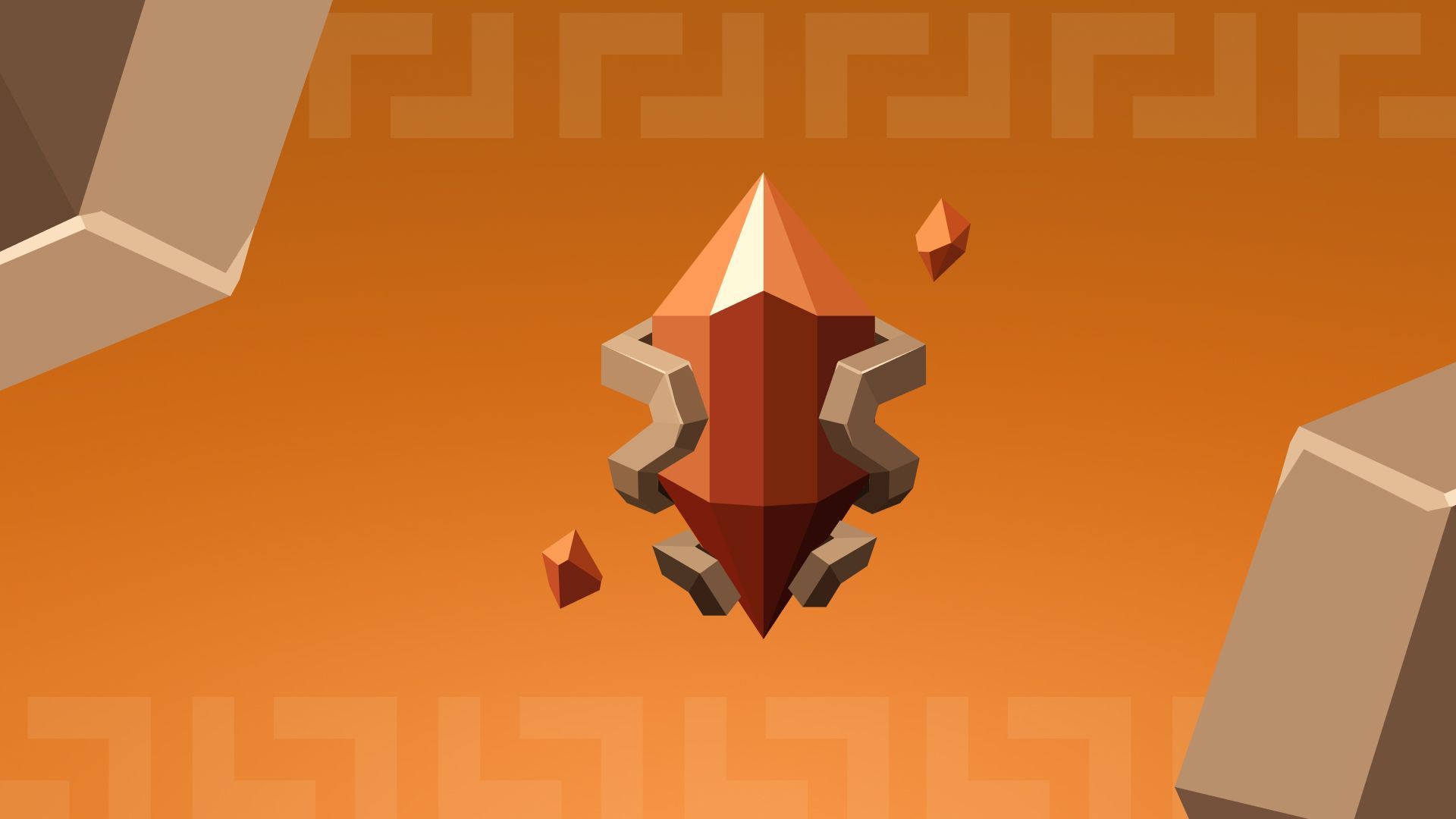 Orange low-poly game scene with a central crystal shard and scattered rock fragments.