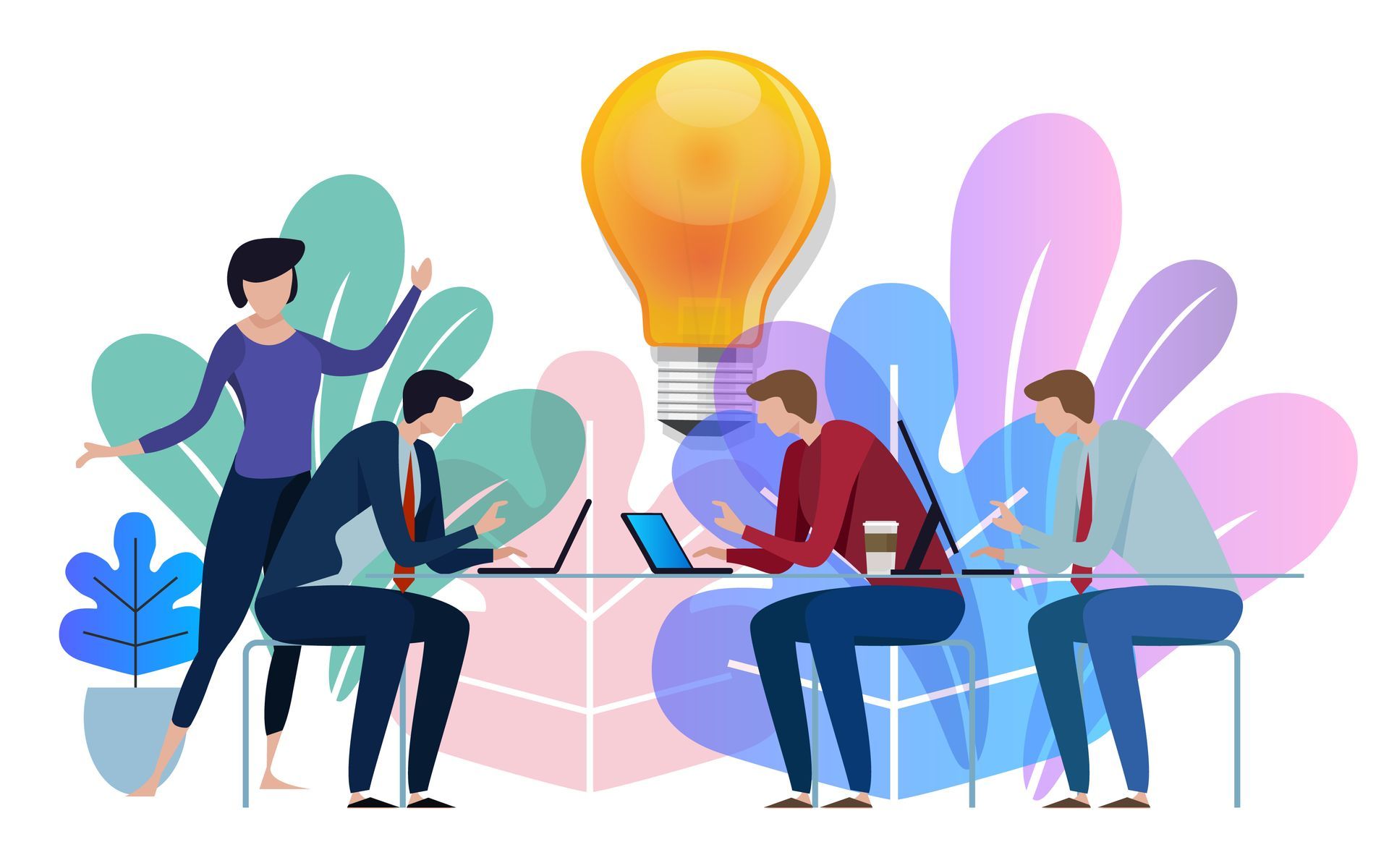Team brainstorming, working on laptops under a large lightbulb symbolizing an idea, with abstract background.