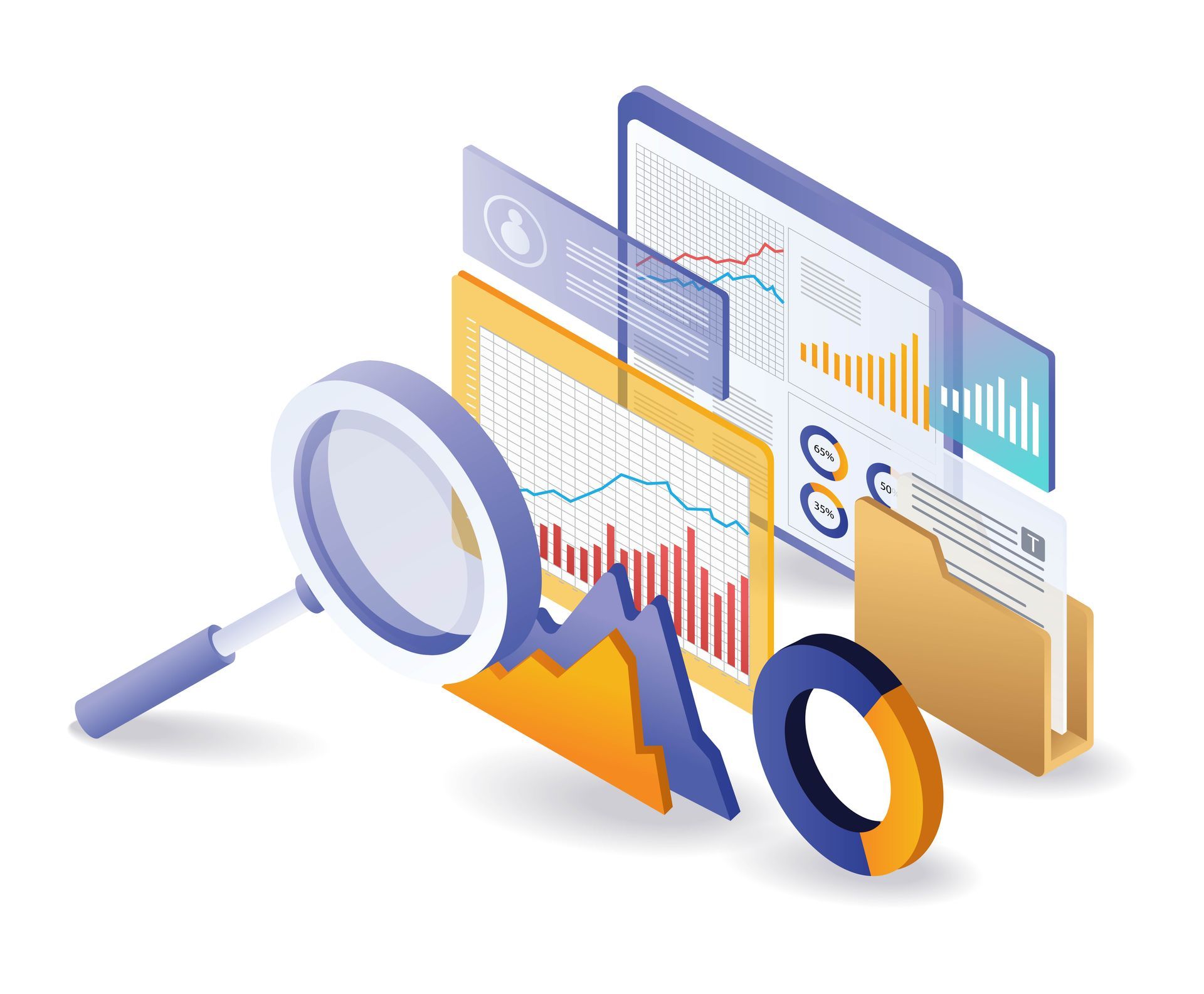 Lupe über einem Laptop-Bildschirm mit Diagrammen und Datenanalysen, im Hintergrund ein Upload-Symbol.