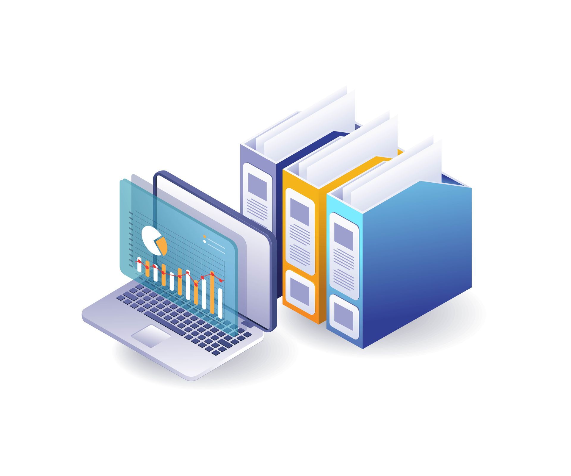Laptop displaying charts and graphs, next to folders.