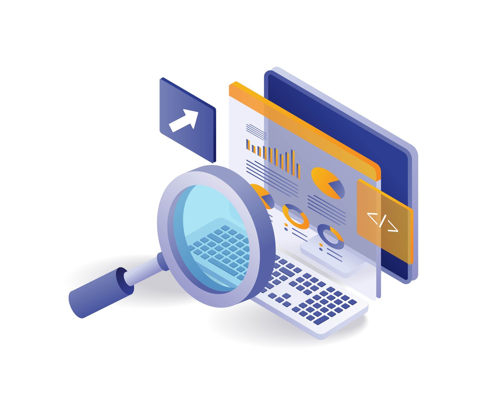 Magnifying glass over a laptop screen displaying charts and data analysis, with an upload icon in the background.