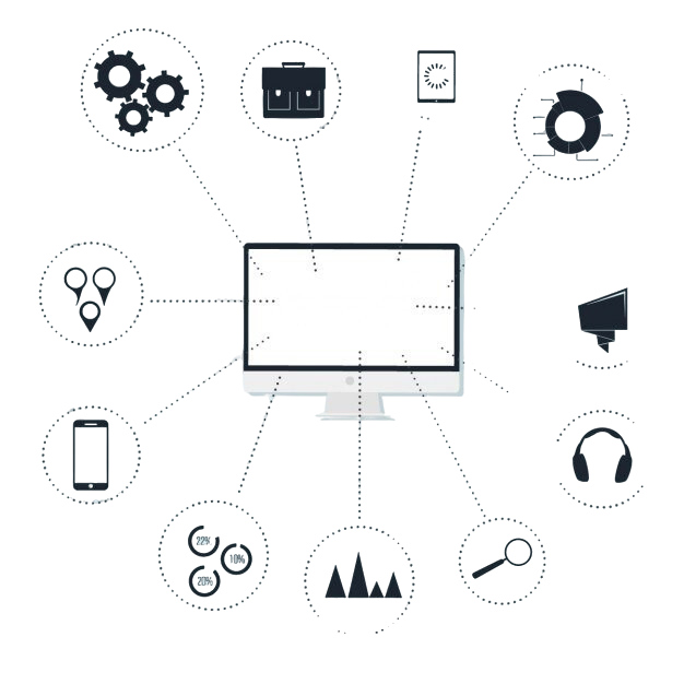Circular flowchart with four black-and-white analytics icons around a central network symbol and arrows between them