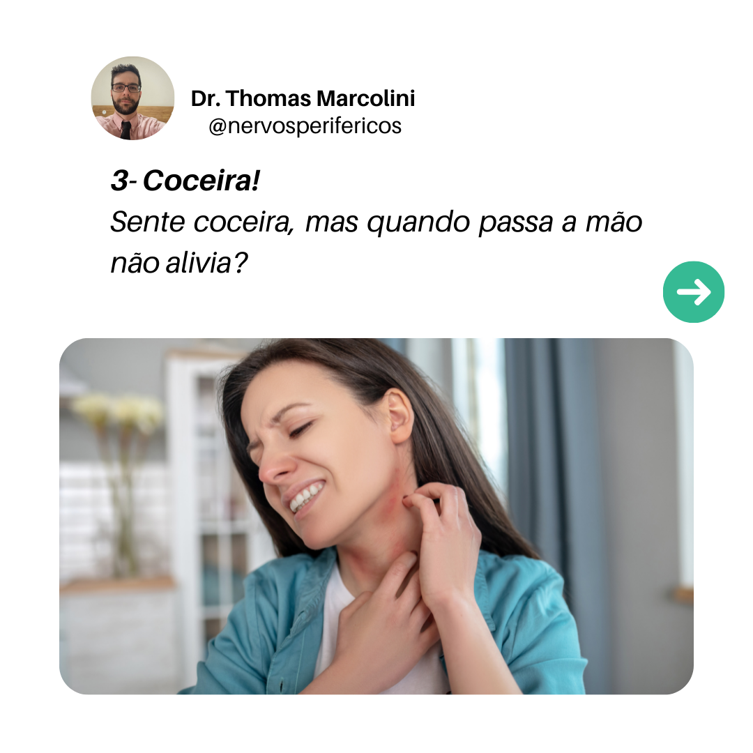 Mulher coçando o pescoço sem lesão de pele visível, sintoma de coceira por lesão nos nervos periféricos