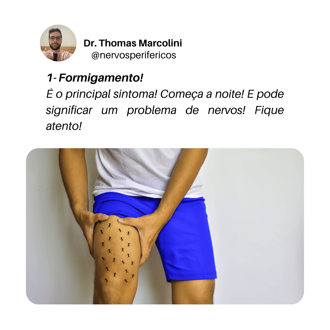 Homem segurando a coxa com marcas de formigamento desenhadas na pele, sintoma comum de problema nos nervos periféricos