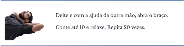 Paciente deitado abre o braço com ajuda da outra mão, alongamento para lesão do plexo braquial