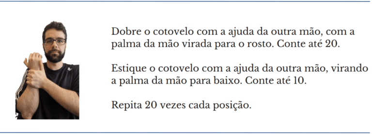Paciente dobra e estica o cotovelo com ajuda da outra mão, exercício para lesão de nervo periférico