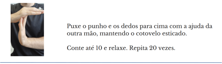 Mãos puxando punho e dedos para cima, exercício de alongamento para lesão de nervo periférico
