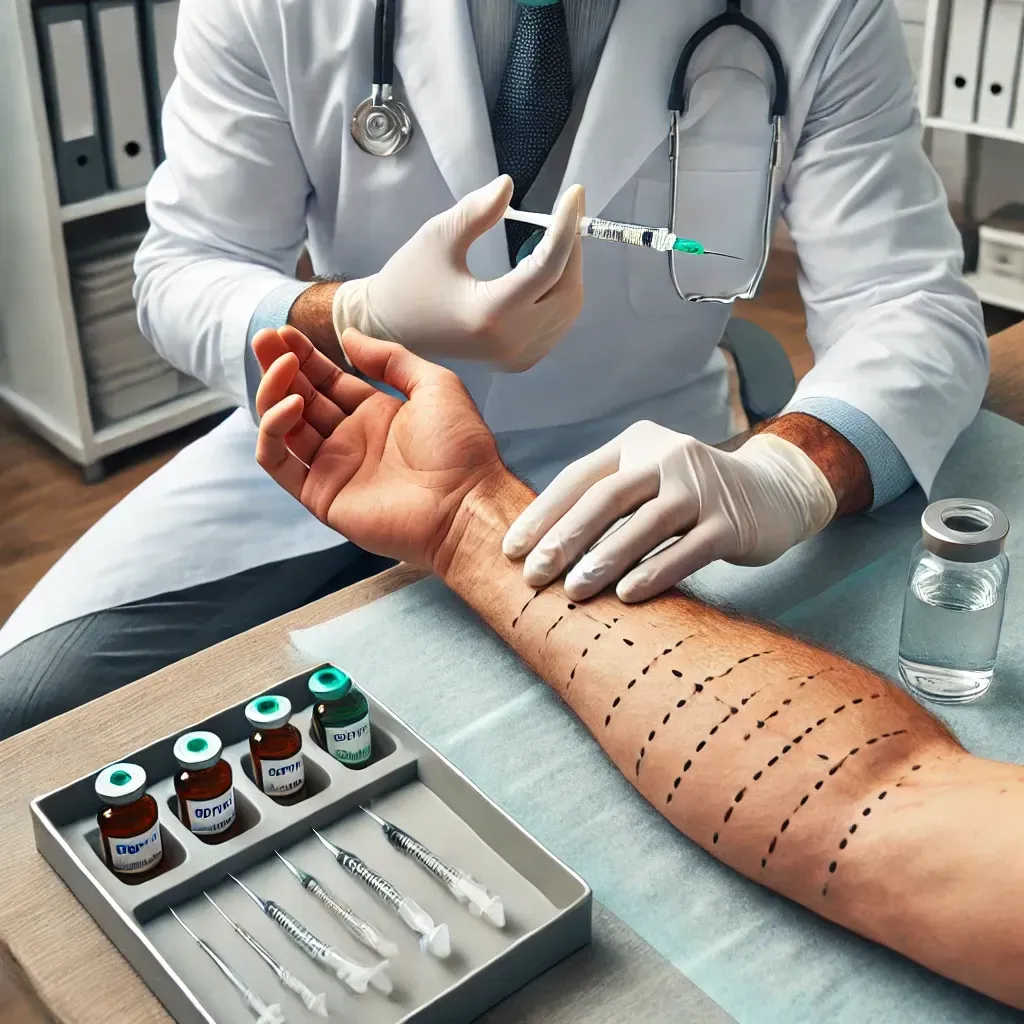 Antebraço marcado com pontos de aplicação e frascos de toxina botulínica, procedimento de Botox para espasticidade
