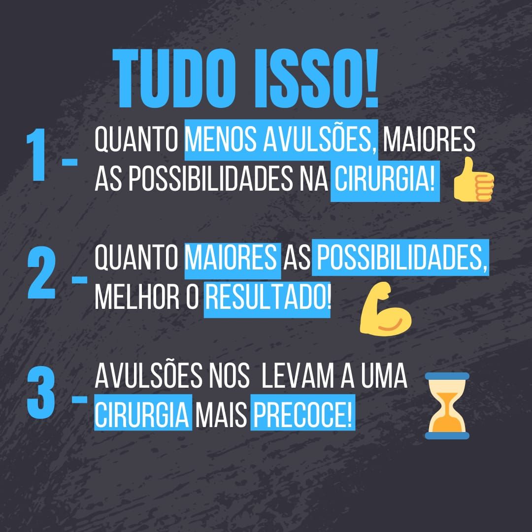 Infográfico com 3 pontos sobre avulsão do plexo braquial: quanto menos avulsões, maiores as chances e melhor o resultado da cirurgia