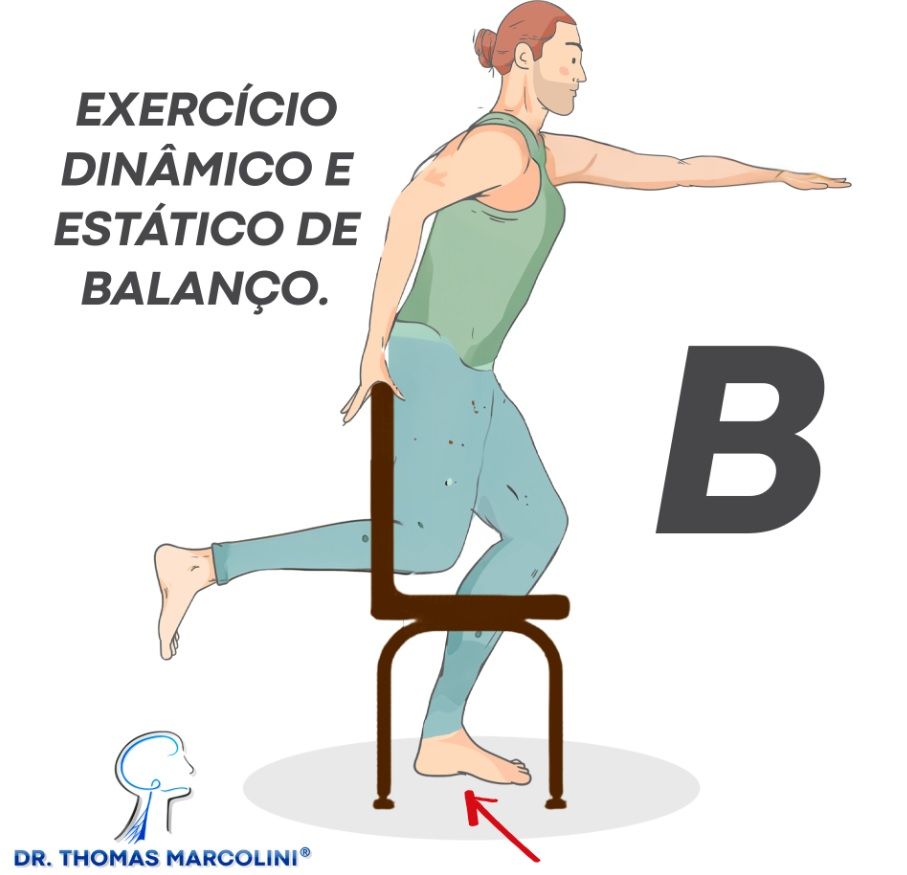 Exercício de equilíbrio estático apoiado em cadeira, exercício para fortalecer o nervo fibular e pé caído
