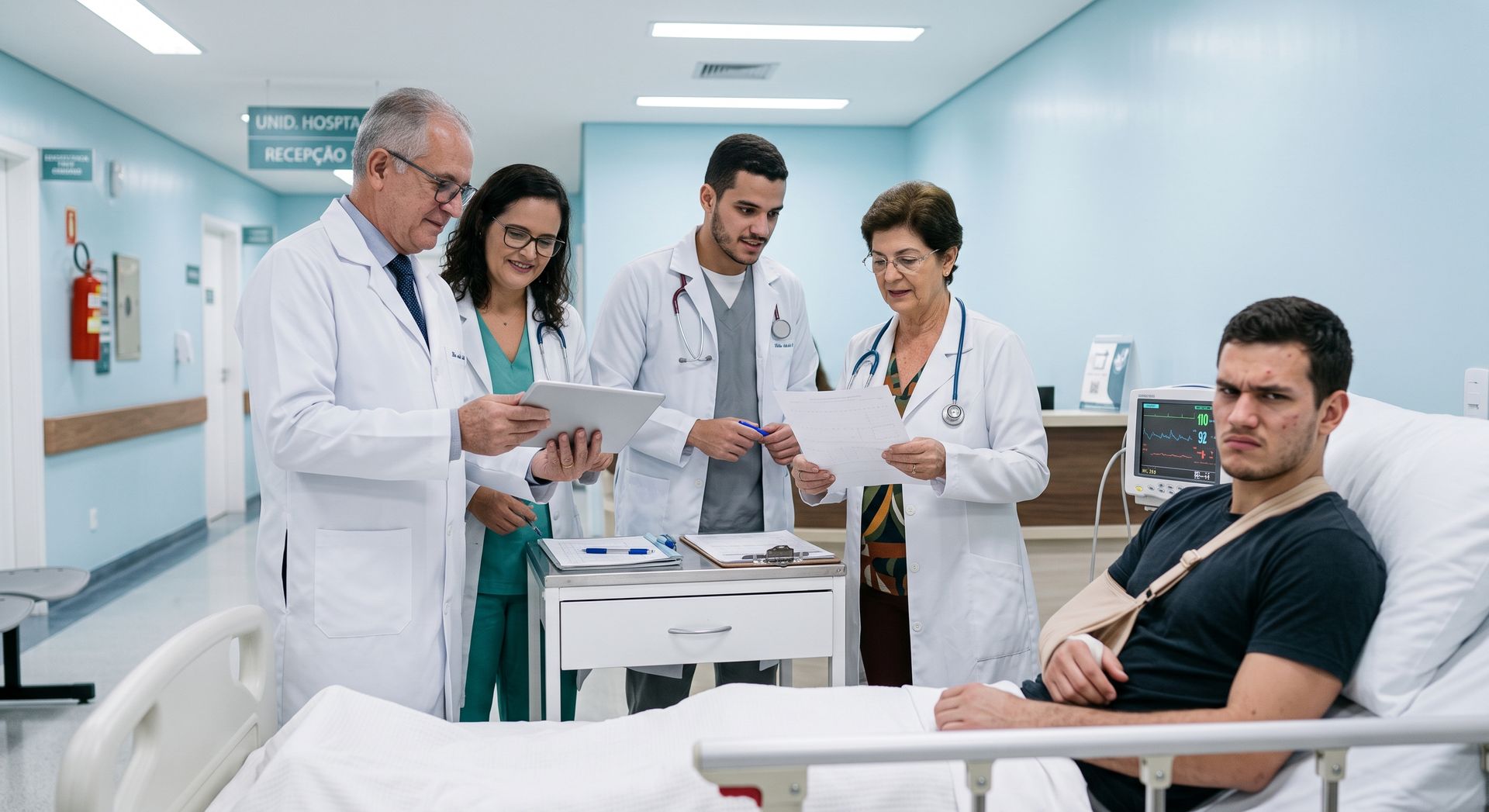 Paciente com o braço parado após acidente de moto em avaliação com o Dr. Thomas Marcolini, especialista em nervos periféricos