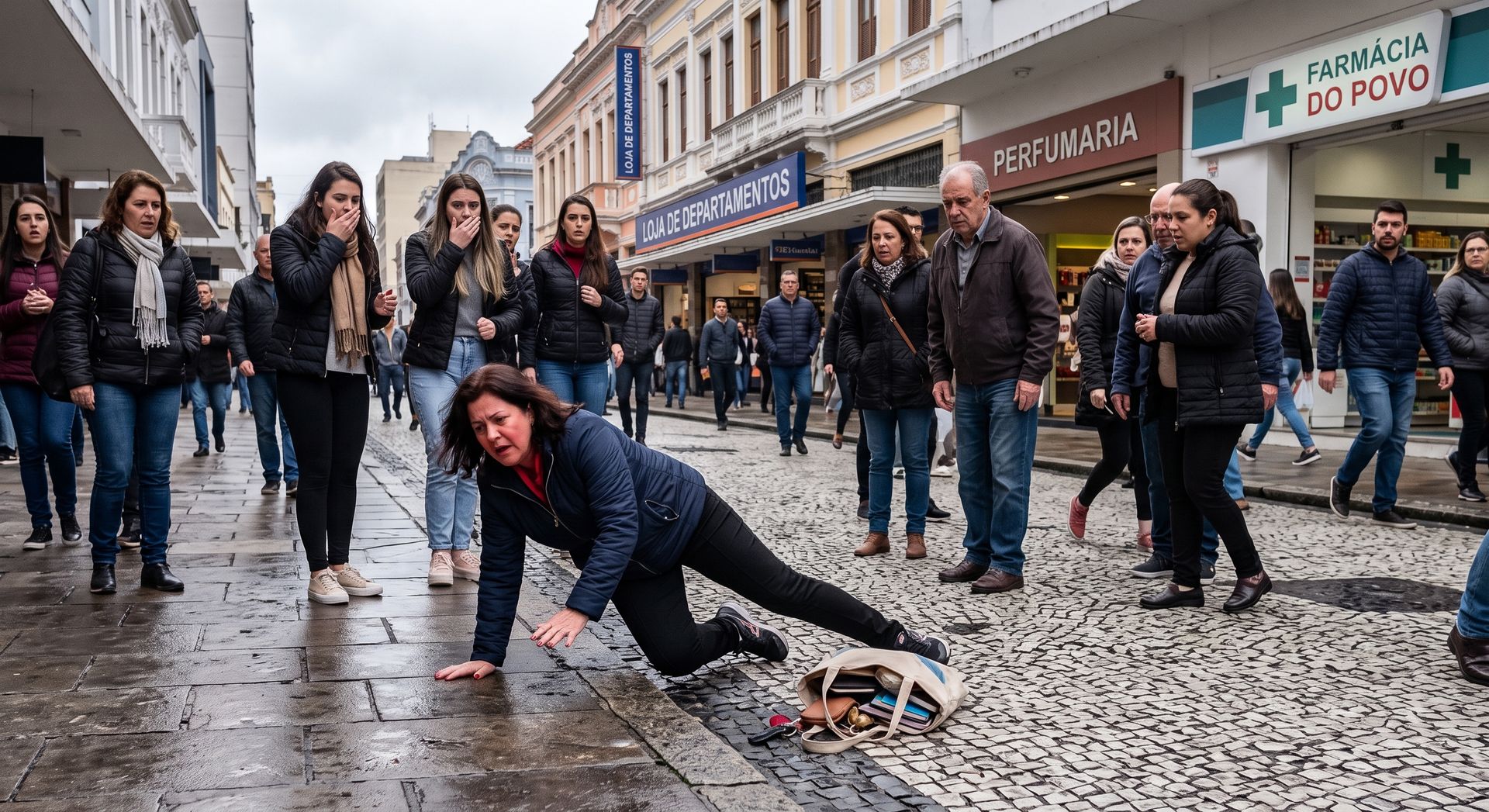 Mulher caindo na rua após tropeçar, situação de risco comum em quem tem pé caído não tratado